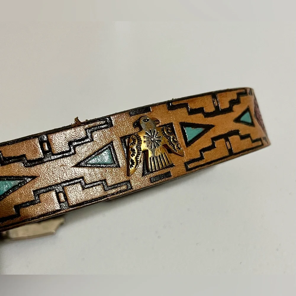Native American Southwestern Style Tan Leather Belt with Silver Buckle - Picture 4 of 15